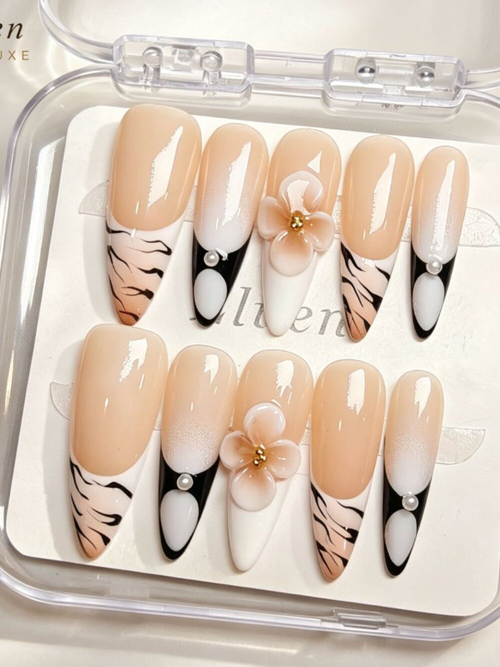 Elegant Nude and White Floral Stiletto Handmade Press On Nails Set